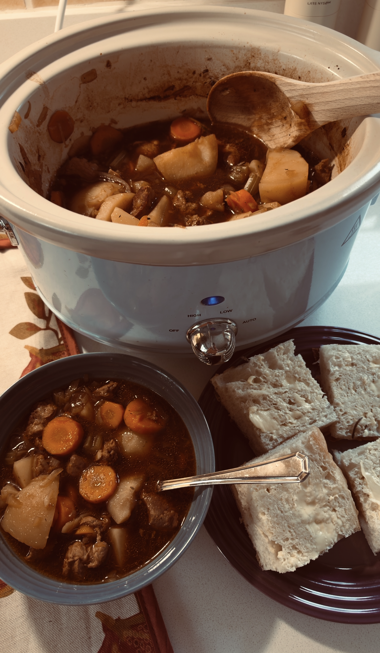 blue slow cooker, lamb stew