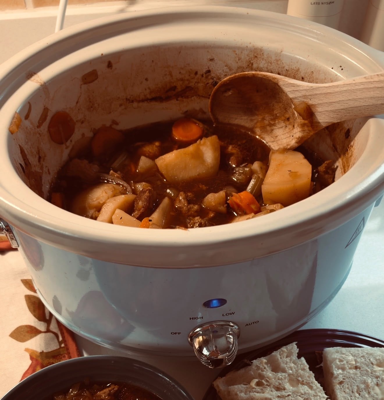 blue slow cooker, lamb stew